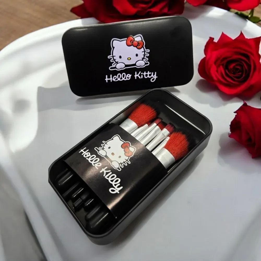 Hello Kitty 7Pc Makeup Brush Set Black Travel Tin Licensed Sanrio Cosmetic Kit